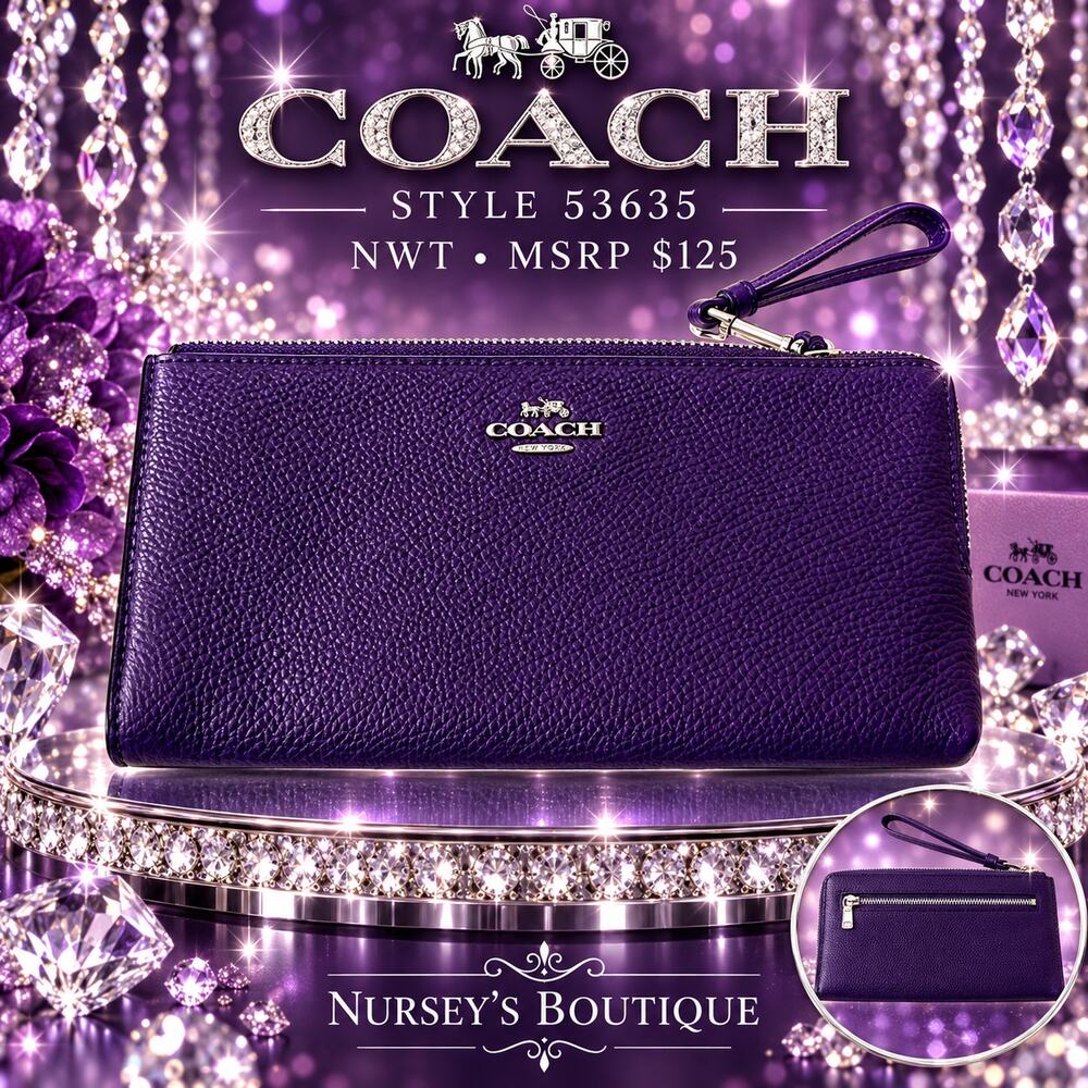 Coach 53635 Violet Bicolor Pebble Leather L Zip Wristlet Wallet NWT